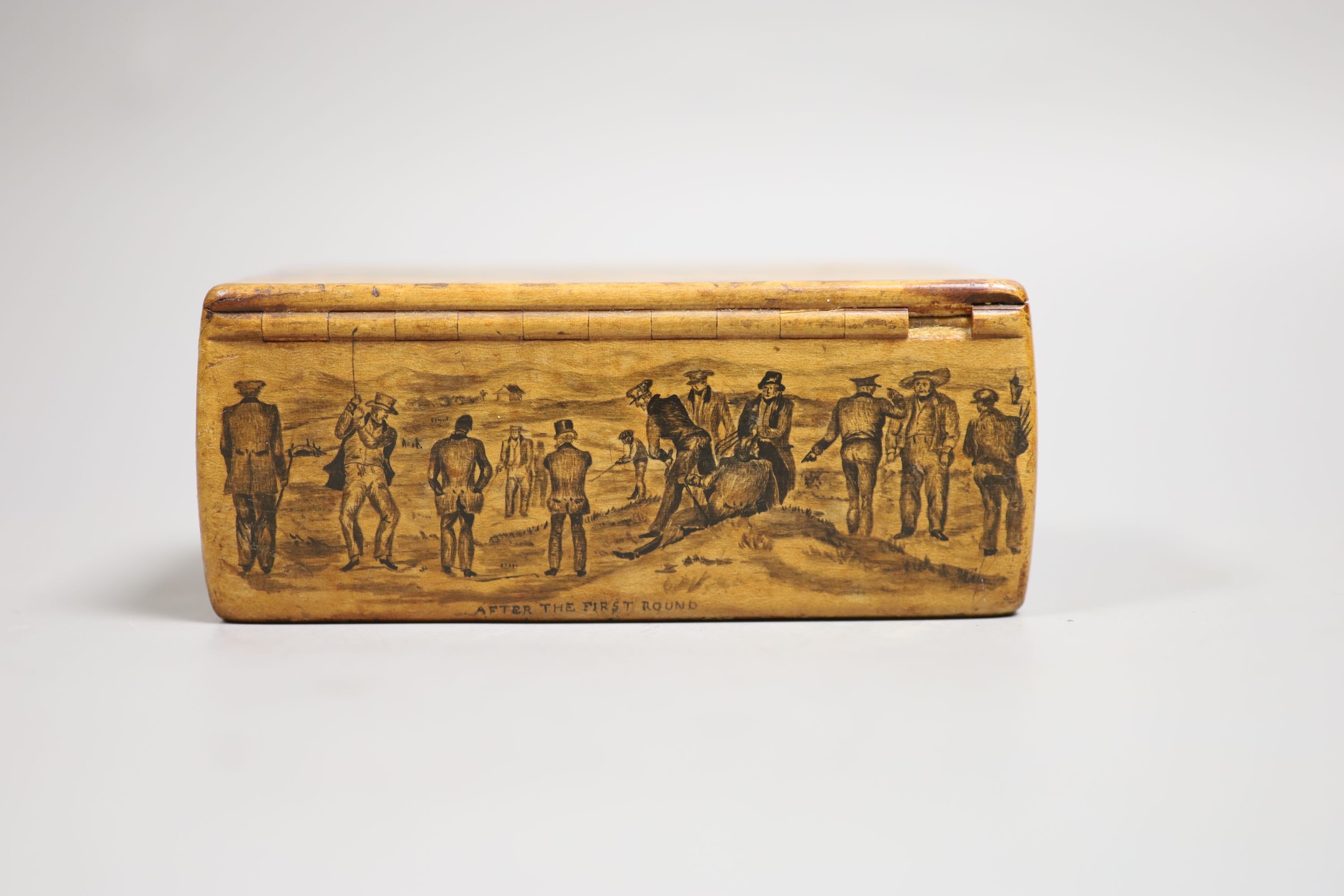 Early golfing interest - a rare Mauchline-ware sycamore penwork golfing snuff box, second quarter 19th century, by Charles Stiven of Laurencekirk 12.2cm